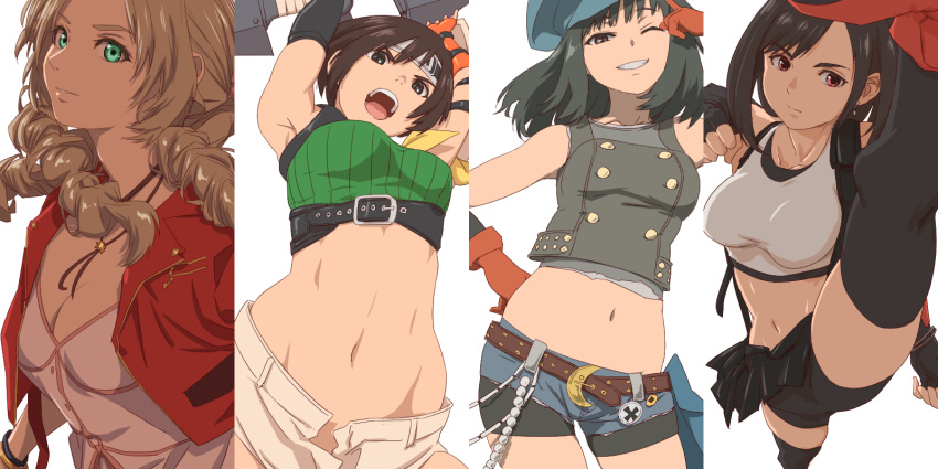 4girls aerith_gainsborough aonori_misuji arms_up bike_shorts bike_shorts_under_skirt black_hair black_thighhighs breasts brown_hair cleavage commentary_request crop_top cropped_jacket dress drill_hair final_fantasy final_fantasy_vii final_fantasy_vii_remake high_kick highres jacket kicking kyrie_canaan multiple_girls navel open_fly pink_dress red_jacket serious shuriken stomach thighhighs tifa_lockhart weapon yuffie_kisaragi