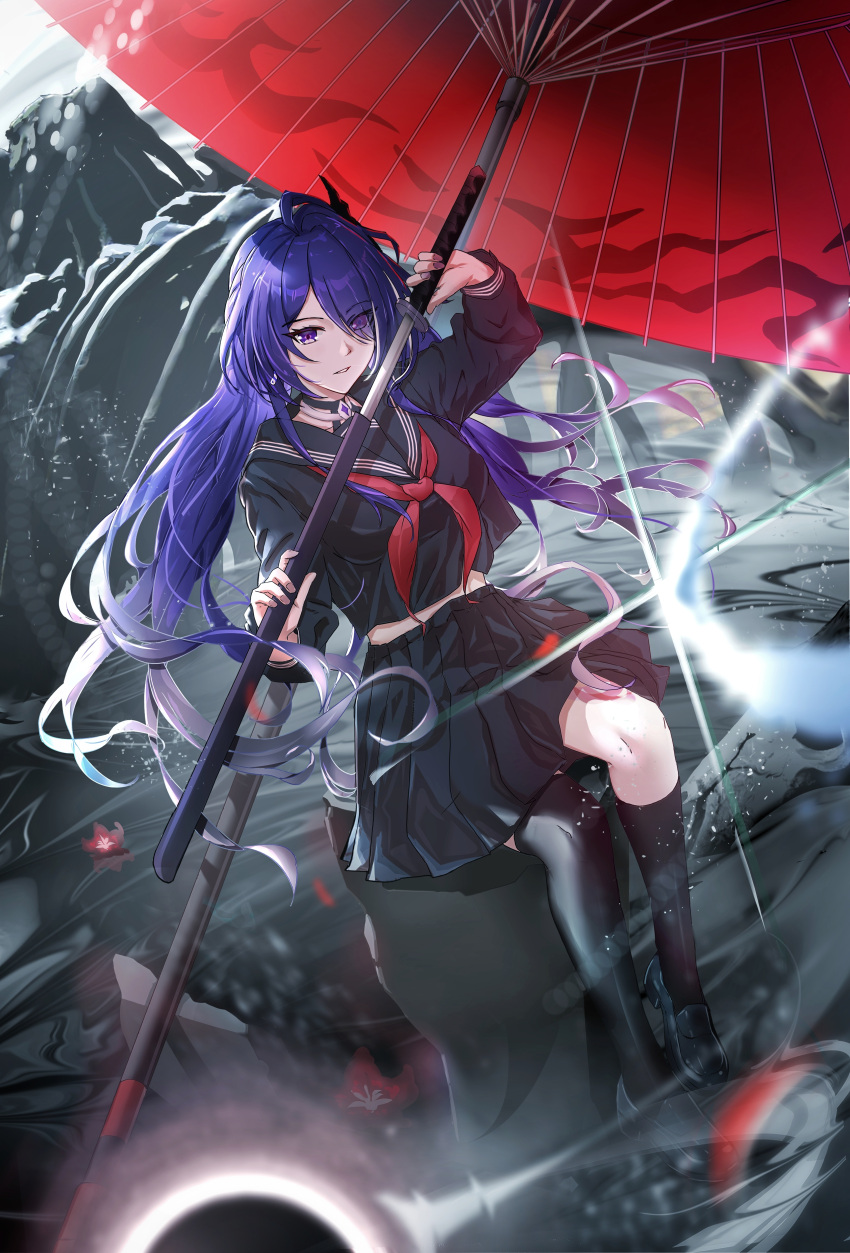 absurdres acheron_(honkai:_star_rail) alternate_costume asymmetrical_legwear black_footwear black_hole black_serafuku commentary_request female flower gradient_hair hair_over_one_eye highres holding holding_sword holding_weapon honkai:_star_rail honkai_(series) loafers long_hair long_sleeves multicolored_hair oil-paper_umbrella purple_eyes purple_hair red_flower red_umbrella revision sailor_collar school_uniform serafuku sheath shoes sitting solo streaked_hair sword umbrella unsheathing wangzili_shitoumen weapon