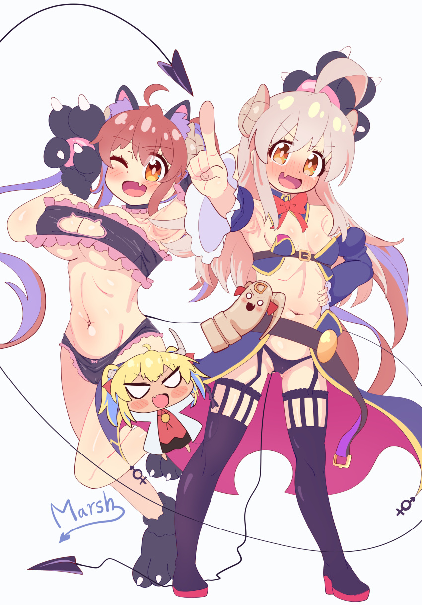 3girls :d ;d absurdres ahoge animal_hands armpits arms_up ass_visible_through_thighs bare_shoulders black_bra black_choker black_footwear black_panties blonde_hair blush blush_stickers boots bow bowtie bra breasts bright_pupils brown_eyes brown_hair cameltoe cat_cutout cat_lingerie chibi chibi_inset choker cleavage cleavage_cutout clothing_cutout commentary_request cosplay costume_switch crisis_management_form_(machimazo) crossover curled_horns curvy dark-skinned_female dark_skin demon_girl demon_horns demon_tail detached_collar detached_sleeves embarrassed eyelashes eyes_visible_through_hair foreshortening frilled_bra frilled_choker frilled_panties frills full-face_blush full_body gloves groin hair_between_eyes hand_on_own_hip happy highres horns index_finger_raised juliet_sleeves large_breasts light_brown_hair lilith_(machikado_mazoku) lilith_(machikado_mazoku)_(cosplay) long_hair long_sleeves looking_at_viewer machikado_mazoku marsh753315 meme_attire midriff multiple_girls navel nose_blush o_o oerba_yun_fang one_eye_closed onii-chan_wa_oshimai! open_mouth outstretched_arm outstretched_arms oyama_mahiro oyama_mahiro_(cosplay) oyama_mihari oyama_mihari_(cosplay) panties paw_gloves pointing pointing_at_viewer puffy_sleeves red_bow red_bowtie sidelocks signature simple_background skin_fang small_breasts smile standing standing_on_one_leg tail tareme thigh_boots twintails underwear v-shaped_eyebrows very_long_hair white_background yoshida_yuuko_(machikado_mazoku) yoshida_yuuko_(machikado_mazoku)_(cosplay)