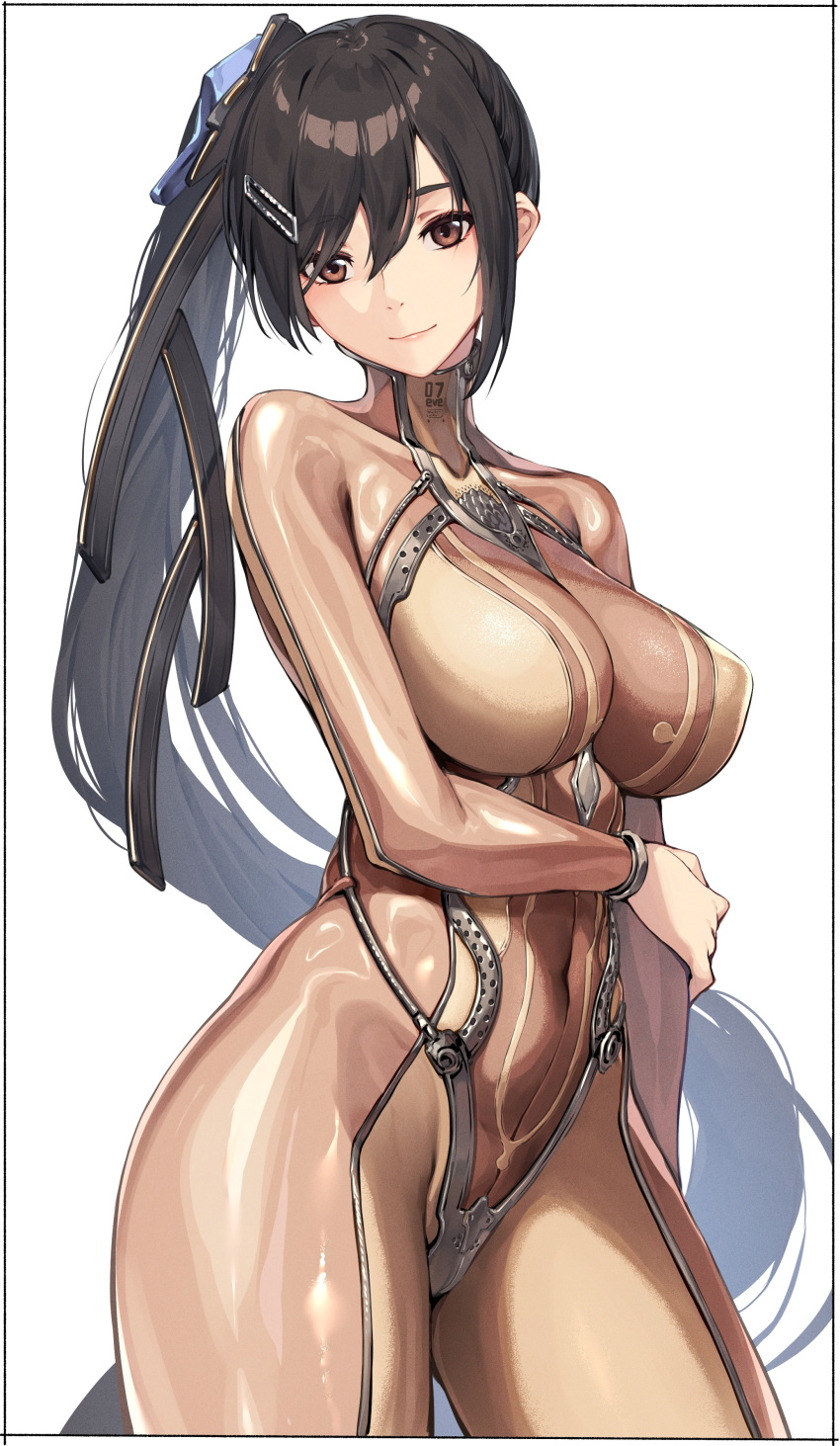 absurdres black_hair bodysuit breasts brown_bodysuit brown_eyes covered_navel eve_(stellar_blade) female highres kei_(soundcross) large_breasts long_hair looking_at_viewer skin_suit_(stellar_blade) smile solo stellar_blade thighs very_long_hair