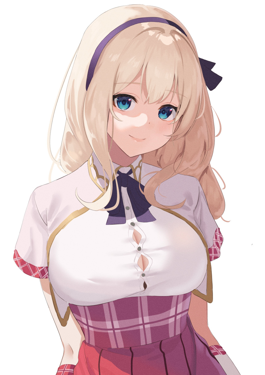 absurdres azur_lane blonde_hair blue_eyes bow bowtie breasts button_gap cleavage closed_mouth commentary_request cropped_jacket daily_(daily178900) female hair_between_eyes hairband high-waist_skirt highres jacket large_breasts leander_(azur_lane) leander_(retrofit)_(azur_lane) looking_at_viewer plaid plaid_skirt purple_hairband red_bow red_bowtie red_skirt shirt short_sleeves simple_background skirt smile solo white_background white_jacket white_shirt