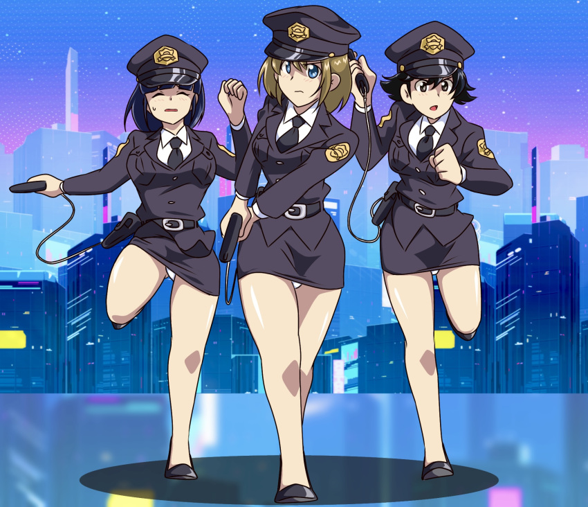 3girls black_hair black_necktie blue_eyes blue_hair blush breasts brown_eyes brown_hair closed_mouth clothes_lift full_body hat high_heels highres kuroyoshi looking_at_viewer microskirt miniskirt multiple_girls necktie open_mouth original panties pantyshot police police_hat police_uniform policewoman running short_hair side_slit skirt skirt_lift skyline small_breasts sweatdrop taser underwear uniform white_panties