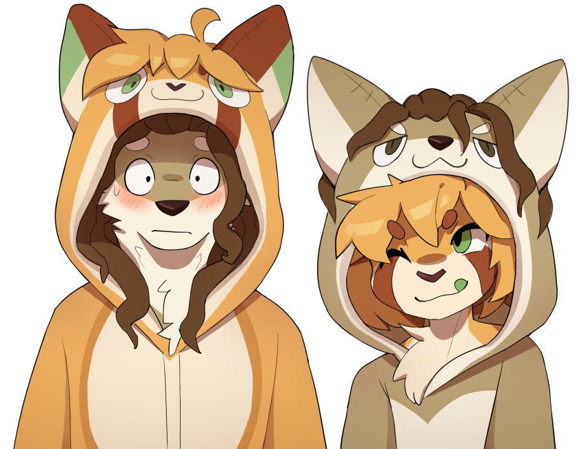 absurd_res ailurid anthro blush brown_body brown_fur canid canine canis clothing coyote domestic_dog duo flushed fur hair hi_res hoodie hybrid kigurumi long_hair male mammal one_eye_closed onesie orange_body orange_fur red_panda robogooey shiba_inu spitz tongue tongue_out topwear torkle wink