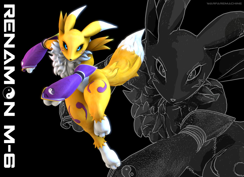 3d_(artwork) anthro arm_warmers armwear bandai_namco black_sclera blue_eyes canid clothing digimon digimon_(species) digital_media_(artwork) female female_anthro fur hi_res mammal renamon solo standing tail warfare_machine warfare_renamon warfaremachine white_body white_fur yellow_body yellow_fur yin_yang