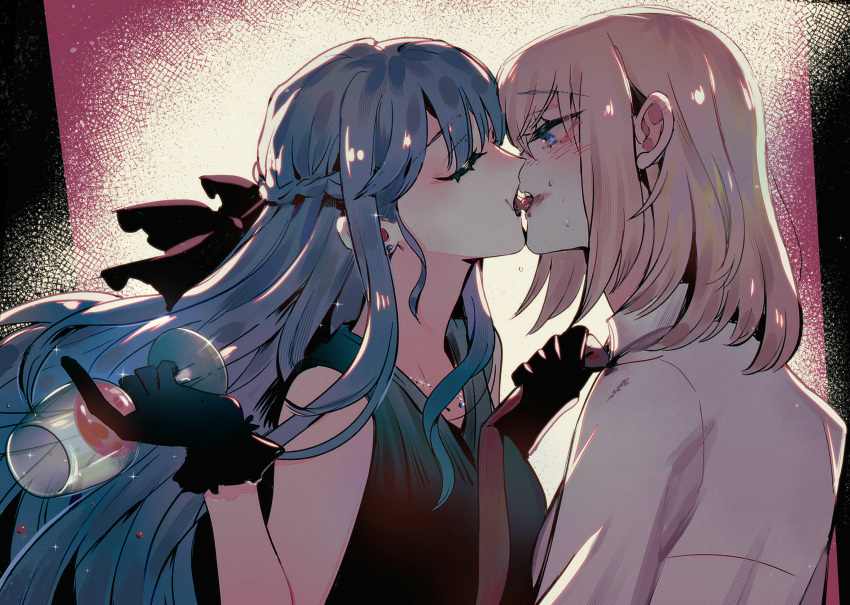 2girls bang_dream! bang_dream!_it's_mygo!!!!! black_dress black_gloves black_ribbon blonde_hair blue_eyes blue_hair blush closed_eyes collared_shirt commentary cup dress ear_blush earrings floating_hair french_kiss gloves hair_ribbon highres holding holding_cup jewelry kissing long_hair looking_at_another maybecrosswise medium_hair misumi_uika multiple_girls necklace necktie necktie_grab neckwear_grab nervous_sweating ribbon shirt sidelocks sleeveless sleeveless_dress sweat togawa_sakiko white_shirt yuri