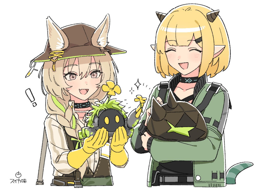 2girls animal_ears arknights beanstalk_(arknights) blonde_hair blunt_bangs braid brown_hair closed_eyes commentary flower gloves grey_eyes hat horns hyena_ears hyena_girl infection_monitor_(arknights) jacket lizard_tail long_hair metal_crab_(arknights) multiple_girls oerba_yun_fang open_mouth originium_slug_(arknights) pointy_ears reptile_girl short_hair skin_fang suika_aji symbol-only_commentary tail vanilla_(arknights)