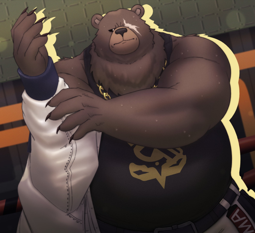 2022 alfredblaze anthro bear belly ben_bigger big_belly biped bodily_fluids clothing detailed_background hi_res humanoid_hands male mammal mihoyo overweight overweight_male scar shirt solo sweat tank_top topwear zenless_zone_zero