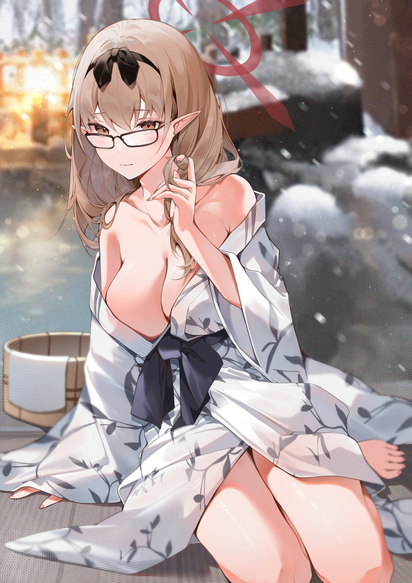 absurdres bare_shoulders bath_yukata blue_archive blush breasts brown_eyes brown_hair chinatsu_(blue_archive) chinatsu_(hot_spring)_(blue_archive) cleavage closed_mouth commentary_request female glasses hair_ribbon hairband halo highres japanese_clothes kimono large_breasts light_brown_hair long_hair long_sleeves looking_at_viewer off_shoulder official_alternate_costume pointy_ears ribbon sash sitting smile solo thighs wide_sleeves yellow_eyes yukata yukineko1018