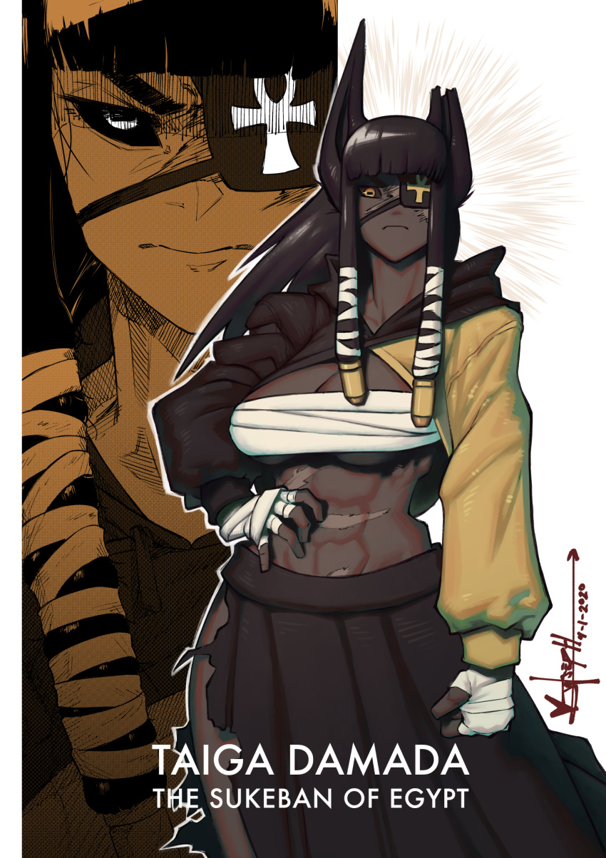 abs animal_ears ankh bandaged_hand bandages black_hair black_sclera blunt_bangs breasts budget_sarashi character_name chest_sarashi cleavage clenched_hand colored_sclera colored_skin commentary cropped_hoodie delinquent edie_crop_hoodie egyptian english_commentary english_text eyepatch female frown grey_skin hair_ribbon hair_tubes hand_on_own_hip highres hood hood_down hoodie horizontal_pupils joseph_virtuoso large_breasts long_hair long_skirt meme_attire midriff muscular muscular_female notched_ear one-eyed original ribbon sarashi scar sidelocks single_animal_ear skirt solo sukeban taiga_damada_(joseph_virtuoso) torn_clothes torn_skirt underboob yellow_eyes