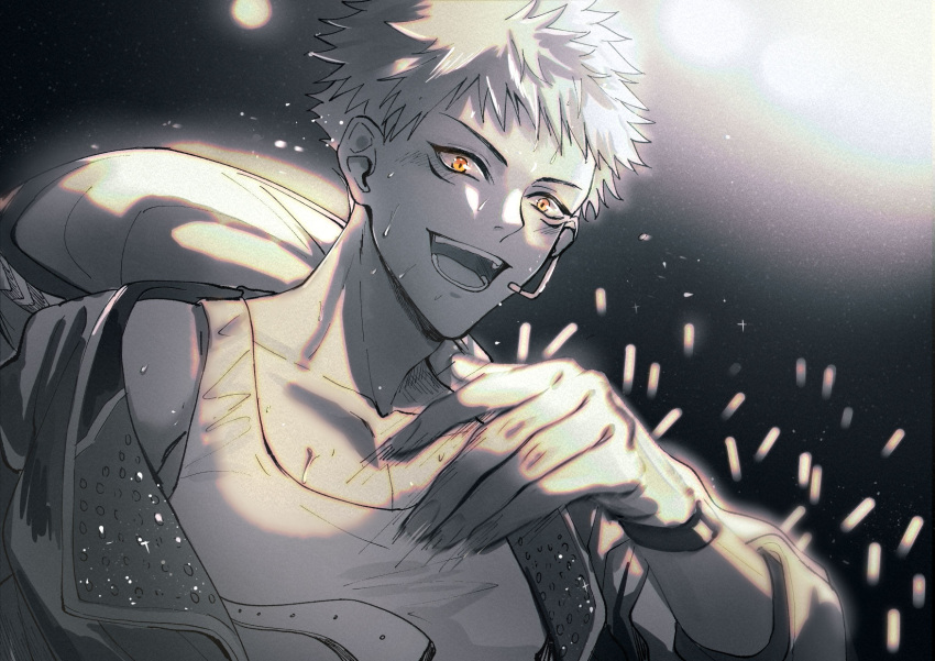 1boy collarbone facial_mark greyscale hand_up highres hood hood_down itadori_yuuji jacket jujutsu_kaisen looking_at_viewer male_focus monochrome open_mouth short_hair smile solo spiked_hair spot_color sweat tank_top whitetown wristband yellow_eyes