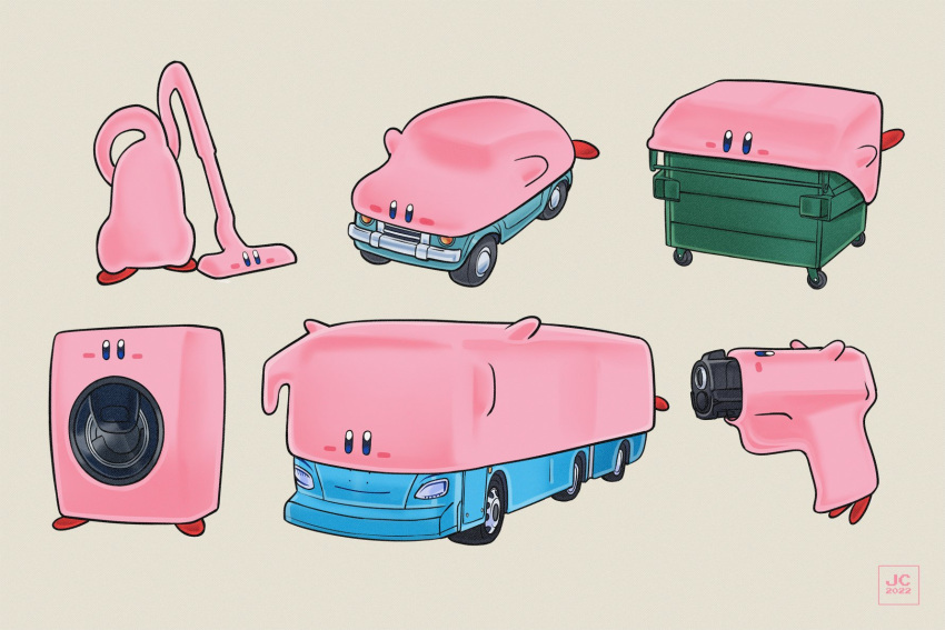 3:2 ambiguous_gender appliance blursed_image bus car car_mouth_kirby cleaning_tool commercial_vehicle dumpster gun hi_res humor joke kirby kirby_(series) kirby_and_the_forgotten_land laundry_machine meme nintendo object_in_mouth overlord_jc public_transportation ranged_weapon signature simple_background solo vacuum_cleaner vehicle vehicle_for_hire waddling_head washing_machine weapon