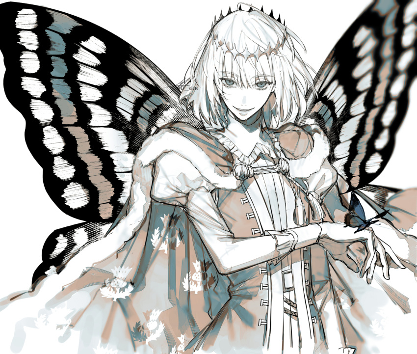 1boy au_(d_elete) blue_eyes bug butterfly butterfly_wings cape crown fate/grand_order fate_(series) fur-trimmed_cape fur_trim highres insect_wings long_sleeves looking_at_viewer male_focus md5_mismatch monochrome oberon_(fate) shirt short_hair smile solo spot_color white_shirt wings