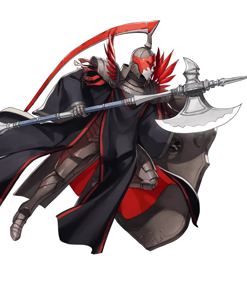 1other ambiguous_gender armor armored_boots axe boots dai-xt feathers fire_emblem fire_emblem:_three_houses fire_emblem_heroes flame_emperor full_body gloves glowing glowing_eyes helmet highres mask non-web_source official_art other_focus red_eyes shield solo transparent_background