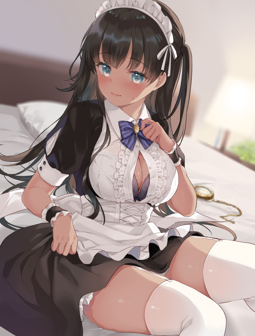 absurdres apron black_dress black_hair blue_eyes breasts cleavage closed_mouth collared_shirt commentary_request dress female frilled_apron frills garter_straps highres kurasawa_moko large_breasts long_hair looking_at_viewer maid maid_headdress on_bed one_eye_closed one_side_up original pillow shirt sitting solo sweat thighhighs very_long_hair white_apron white_shirt white_thighhighs