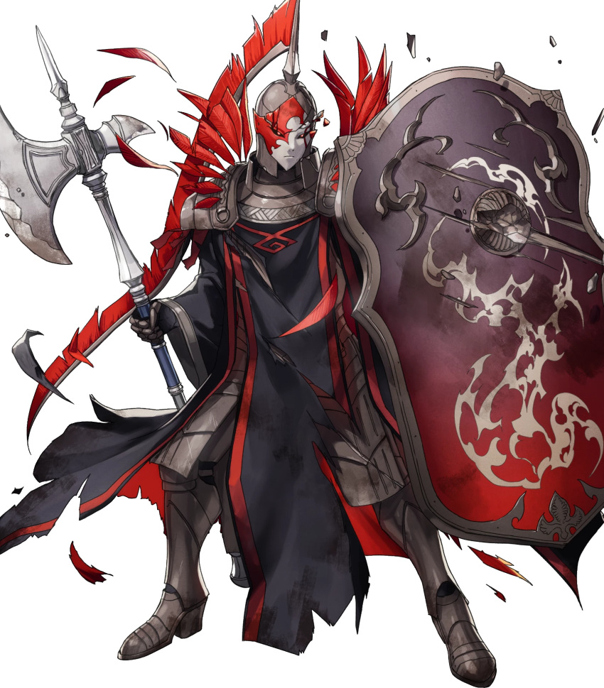 1other ambiguous_gender armor armored_boots axe boots dai-xt feathers fire_emblem fire_emblem:_three_houses fire_emblem_heroes flame_emperor full_body gloves glowing glowing_eyes helmet highres mask non-web_source official_art other_focus red_eyes shield solo torn_clothes transparent_background