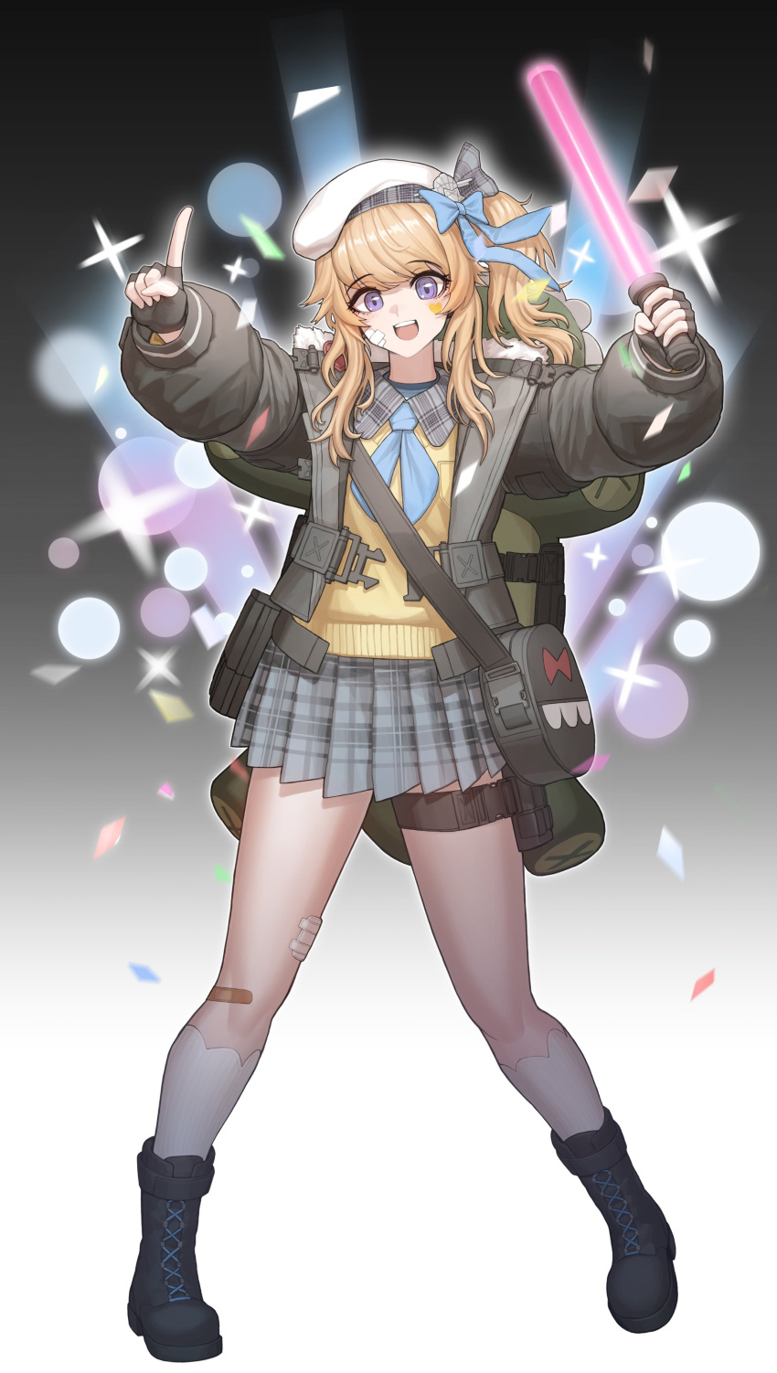 :d absurdres backpack bag bandage_on_face bandages bandaid bandaid_on_leg beret black_background blonde_hair blue_bow boots bow cheogtanbyeong coat commentary_request female fingerless_gloves full_body girls'_frontline girls'_frontline_2:_exilium gloves glowstick gradient_background hairbow hat highres holding holding_glowstick long_hair looking_at_viewer one_side_up open_clothes open_coat open_mouth pleated_skirt skirt smile socks solo sweater vepley_(girls'_frontline_2) white_background white_hat white_socks