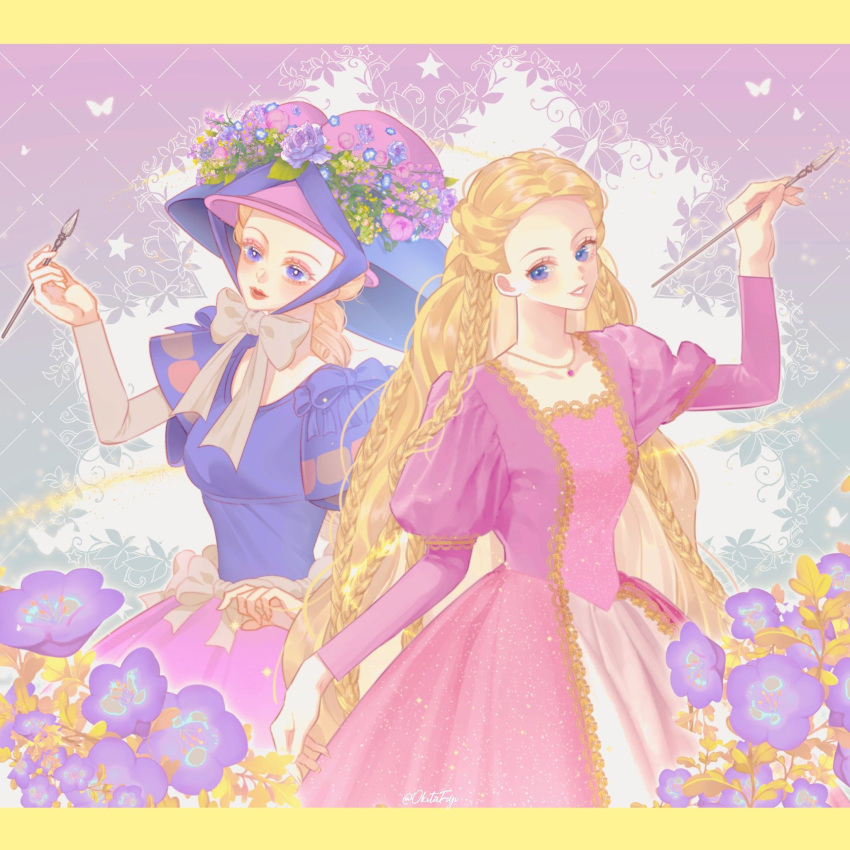 2girls absurdly_long_hair barbie_(character) barbie_(franchise) barbie_as_rapunzel barbie_movies blonde_hair blue_bow blue_dress blue_eyes border bow braid breasts chin_strap dated dress flower flower_hat formal gold_trim gown hand_up hat highres holding holding_paintbrush jewelry large_bow large_hat long_hair long_sleeves magic morning_glory multicolored multicolored_background multiple_braids multiple_girls necklace okitafuji paintbrush pale_skin pink_dress princess puffy_sleeves purple_dress purple_skirt rapunzel rapunzel_(barbie) red_lips skirt sparkle square_neckline transformation very_long_hair victorian white_bow