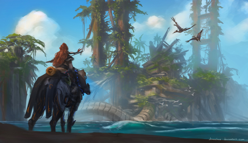 aloy_(horizon) beach bow_(weapon) day draw_souls female from_behind golden_gate_bridge horizon_(video_game) horizon_forbidden_west horizon_zero_dawn long_hair non-humanoid_robot ocean outdoors overgrown post-apocalypse pterosaur red_hair riding robot robot_animal weapon weapon_on_back