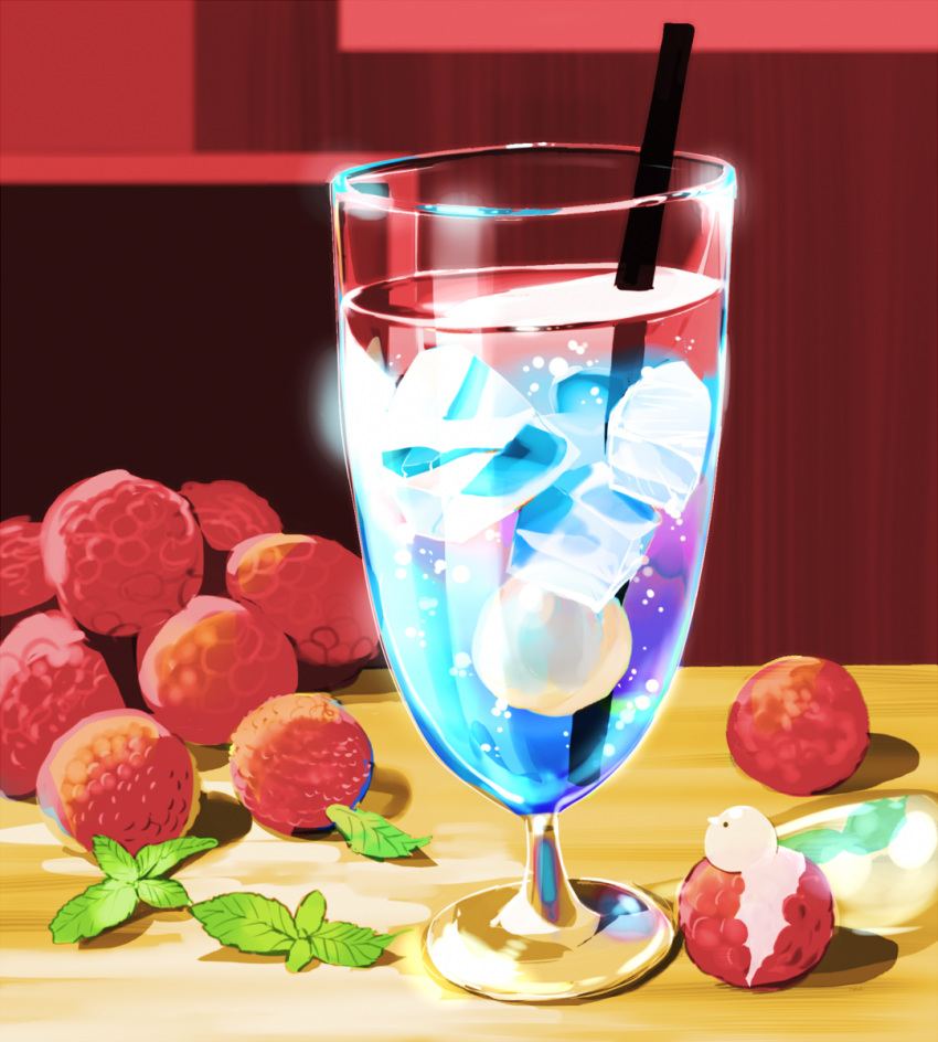 berry chai_(drawingchisanne) cocktail commentary cup drink drinking_glass drinking_straw food food_focus fruit highres ice ice_cube indoors lychee no_humans original shadow table