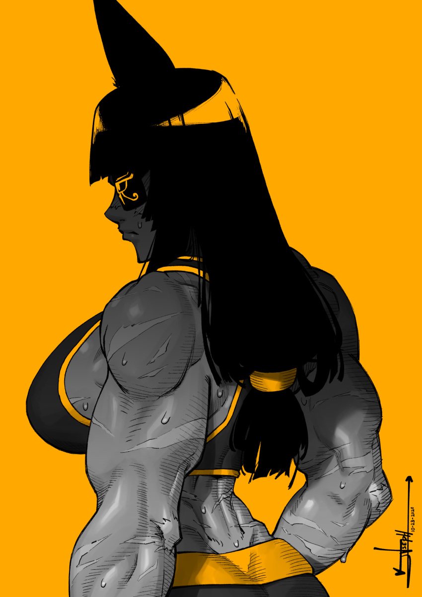 animal_ears back biceps blending blunt_bangs breasts dark_skin dated egyptian english_commentary eyepatch female from_side greyscale_with_colored_background highres joseph_virtuoso large_breasts long_hair low-tied_long_hair midriff monochrome muscular muscular_female one-eyed orange_background orange_theme original scar sideboob signature solo spandex sports_bra spot_color sweat taiga_damada_(joseph_virtuoso)