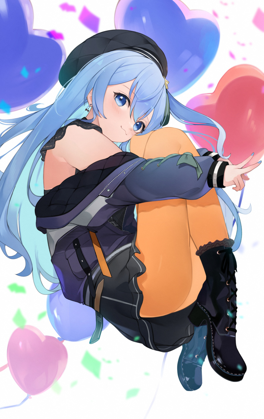 :3 absurdres balloon black_footwear black_hat black_skirt blue_eyes blue_hair blue_nails blush boots closed_mouth commentary confetti female from_side full_body hair_between_eyes hat heart_balloon high_heel_boots high_heels highres hololive hoshimachi_suisei hoshimachi_suisei_(casual) hugging_own_legs jacket long_hair long_sleeves mimizuku_(mmiganaru) nail_polish official_alternate_costume official_alternate_hair_length official_alternate_hairstyle open_clothes open_jacket orange_pantyhose pantyhose puffy_long_sleeves puffy_sleeves skirt solo star_(symbol) star_in_eye symbol-only_commentary symbol_in_eye v virtual_youtuber