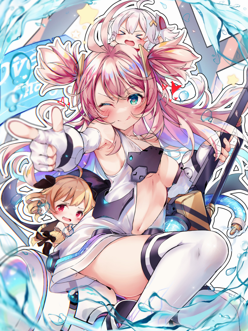 >_< 3girls :d ;q absurdres aged_up ahoge alternate_breast_size antenna_hair armpits azur_lane bare_shoulders black_legwear black_ribbon black_thighhighs blonde_hair blue_eyes blush breasts cable cable_tail chibi chibi_inset chinese_commentary circuit_board_print cleavage closed_eyes closed_mouth collarbone commentary_request dress drill_hair elbow_gloves electric_plug electric_plug_tail english_text fingerless_gloves gloves hair_between_eyes hair_intakes hair_ornament hair_ribbon hammer heart heaven's_melody highres holding holding_hammer index_finger_raised linea_alba long_hair low-cut_armhole mechanical_tail medium_breasts midriff multicolored_hair multiple_girls navel no_bra oerba_yun_fang on_head one_eye_closed open_mouth paw_hammer plunging_neckline pointing prototype_bulin_mkii_(azur_lane) rainbow_hair ribbed_dress ribbon short_dress sidelocks sitting skin_fang skindentation sleeveless sleeveless_dress smile specialized_bulin_mkiii_(azur_lane) sweat tail thighhighs thighs tongue tongue_out twin_drills two_side_up underboob universal_bulin_(azur_lane) very_long_hair white_dress white_gloves white_hair white_thighhighs xd yellow_dress zettai_ryouiki