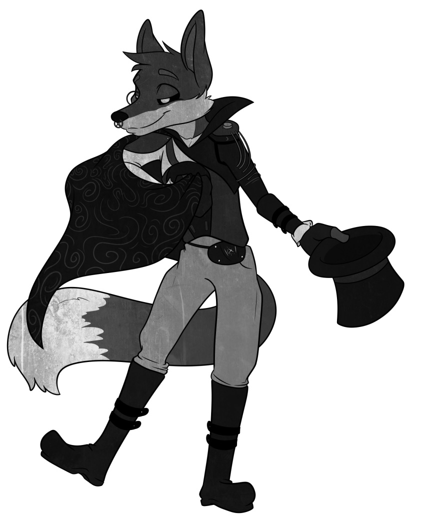 2019 alternative_fashion anthro azzyfox biped black_and_white black_sclera boots bottomwear canid canine cape cheek_tuft clothed clothing countershade_face countershade_torso countershading cybernetics cyborg digital_drawing_(artwork) digital_media_(artwork) dipstick_tail eyebrows eyes_mostly_closed eyewear facial_piercing facial_tuft fanny_pack flat_texture footwear fox fox_(masked_singer) full-length_portrait fully_clothed fur fur_tuft hat head_tuft headgear headwear hi_res holding_clothing holding_hat holding_headgear holding_headwear holding_object long_tail machine male mammal markings masked_singer monochrome monocle multicolored_tail narrowed_eyes nose_piercing nose_ring on_one_leg pants piercing portrait pose prick_ears prosthetic prosthetic_arm prosthetic_limb ring_piercing septum_piercing shirt simple_background smile smirk smug snout solo standing steampunk tail tail_markings top_hat topwear tuft white_background wiring