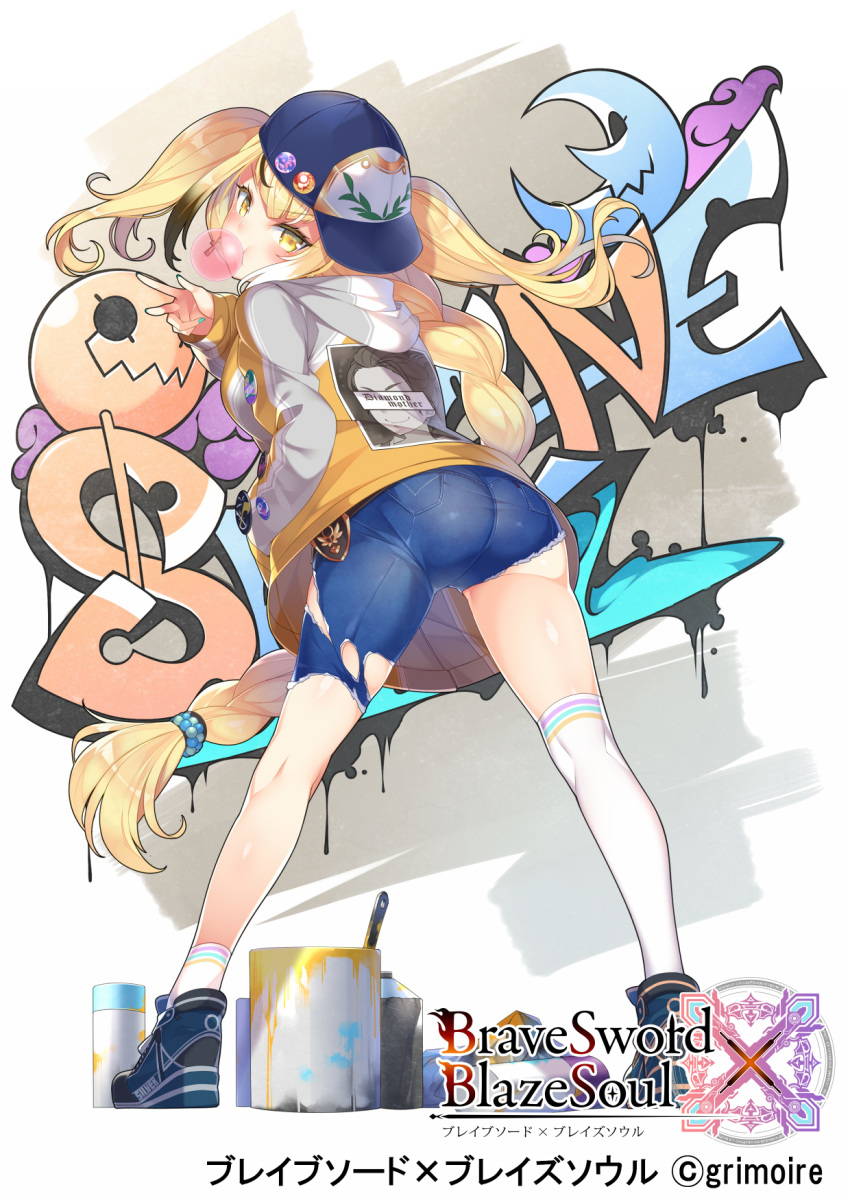 aqua_nails ass asymmetrical_legwear asymmetrical_shorts badge baseball_cap blonde_hair blowing_bubbles blue_footwear blue_hat blue_shorts boots braid brave_sword_x_blaze_soul breasts brown_jacket button_badge celestial_axe_selene_(brave_sword_x_blaze_soul) character_name chewing_gum commentary_request copyright_name copyright_notice denim denim_shorts female full_body graffiti hand_in_pocket hat highres hood hood_down hooded_jacket jacket kokka_han long_hair long_sleeves medium_breasts nail_polish official_art over-kneehighs paint_can paintbrush print_jacket shorts sideways_hat single_over-kneehigh single_sock single_thighhigh sleeves_past_wrists socks solo thighhighs torn_clothes torn_shorts uneven_legwear v-shaped_eyebrows very_long_hair watermark white_legwear yellow_eyes