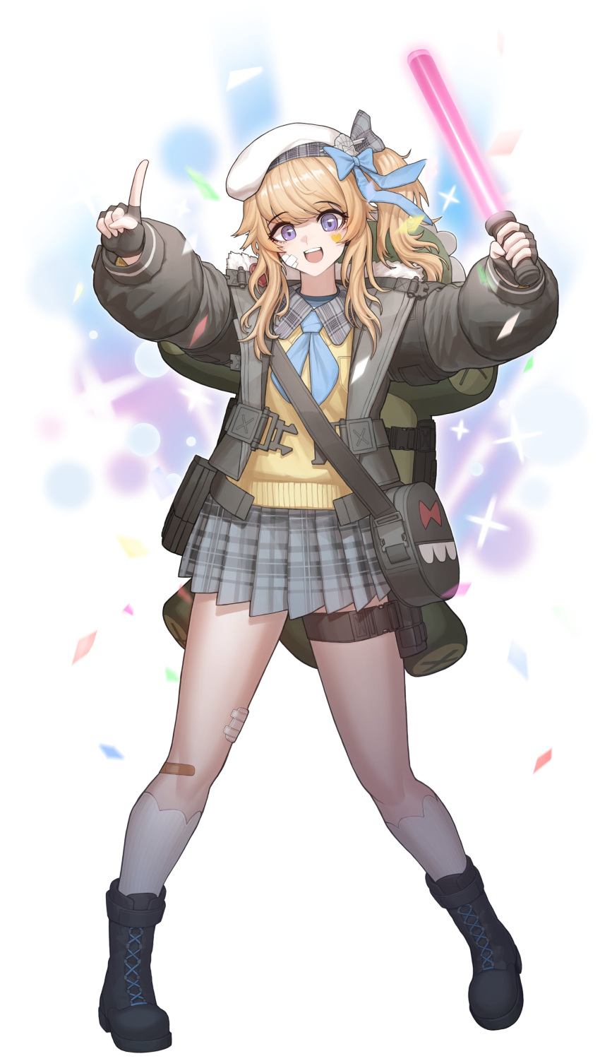 :d absurdres backpack bag bandage_on_face bandages bandaid bandaid_on_leg beret blonde_hair blue_bow boots bow cheogtanbyeong coat commentary_request female fingerless_gloves full_body girls'_frontline girls'_frontline_2:_exilium gloves glowstick hairbow hat highres holding holding_glowstick korean_commentary long_hair looking_at_viewer one_side_up open_clothes open_coat open_mouth pleated_skirt skirt smile socks solo sweater vepley_(girls'_frontline_2) white_background white_hat white_socks