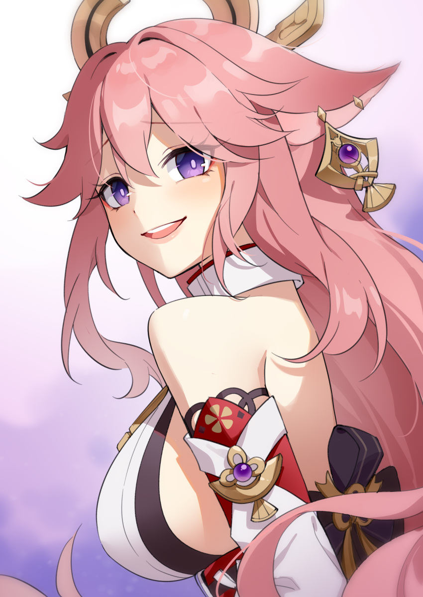 :d absurdres animal_ears bad_id bad_pixiv_id bare_shoulders breasts female fox_ears fox_girl genshin_impact hair_between_eyes hair_ornament half-closed_eyes highres japanese_clothes large_breasts long_hair long_sleeves looking_at_viewer open_mouth pink_lips shao_(shaorouhong) sideboob smile solo upper_body yae_miko