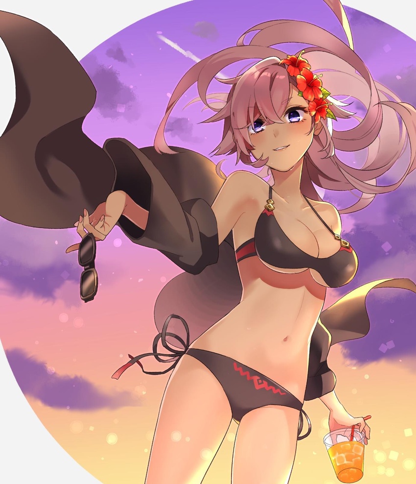 artistic_error bad_hands bikini blue_eyes blush cinderella_(sinoalice) cloud dark-skinned_female dark_skin drink dutch_angle female flower grin hair_flower hair_ornament highres holding holding_drink holding_removed_eyewear jacket long_hair looking_at_viewer parted_lips pink_hair ponytail ribbon sinoalice sky smile solo sunglasses sunset swimsuit unworn_eyewear wind wind_lift wrong_hand yuna726