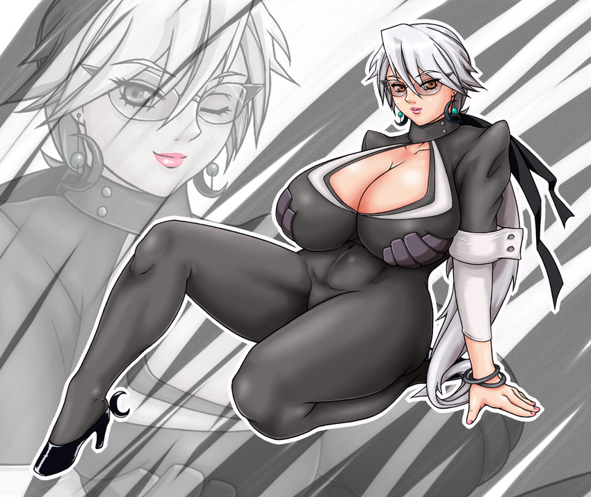 basquash! breasts cleavage earrings female grey_hair haruka_gracia high_heels highres huge_breasts jewelry ponytail skin_tight smile solo sugata_(artist) sunglasses zoom_layer