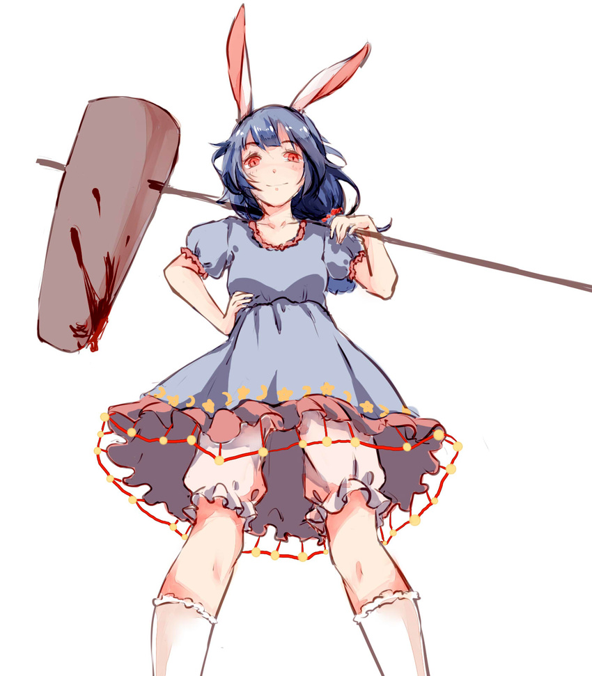 ambiguous_red_liquid animal_ears bloomers blue_dress blue_hair commentary crescent dress female frilled_socks frills from_below hand_on_own_hip highres holding holding_weapon kagari6496 kine light_smile long_hair mallet over_shoulder rabbit_ears red_eyes seiran_(touhou) socks solo stain touhou underwear weapon weapon_over_shoulder