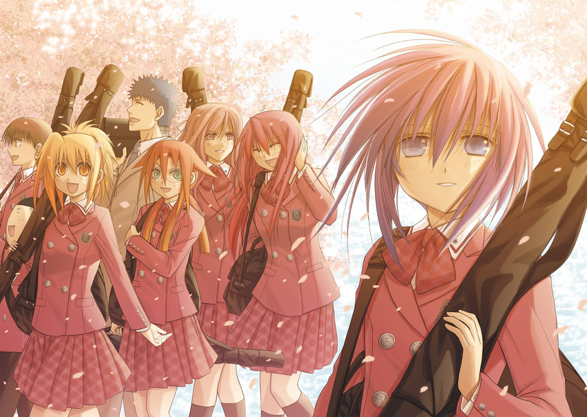 3boys 5girls azuma_satori bamboo_blade blonde_hair brown_hair chiba_kirino eiga_danjuurou glasses green_eyes highres igarashi_aguri ishida_toraji kawazoe_tamaki kuwahara_sayako long_hair miyazaki_miyako multiple_boys multiple_girls nakata_yuuji official_art orange_hair petals red_hair school_uniform short_hair