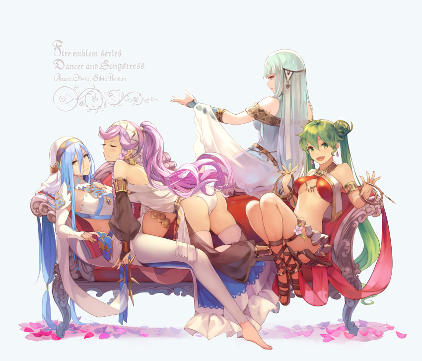 4girls all_fours anklet arabian_clothes armlet ass asymmetrical_docking azura_(fire_emblem) bad_id bad_pixiv_id bare_shoulders barefoot blue_hair blush braid breast_press breasts character_name circlet closed_eyes commentary_request couch dancer detached_sleeves dress elbow_gloves feet fingerless_gloves fire_emblem fire_emblem:_genealogy_of_the_holy_war fire_emblem:_the_blazing_blade fire_emblem_awakening fire_emblem_fates fire_emblem_heroes gloves green_hair hair_ornament hairband harem_outfit highres jewelry kurosawa_tetsu long_hair looking_at_viewer low-tied_long_hair midriff multiple_girls navel necklace ninian_(fire_emblem) olivia_(fire_emblem) open_mouth panties pink_eyes pink_hair ponytail red_eyes sandals sash shawl silvia_(fire_emblem) simple_background single_thighhigh smile stomach thighhighs toes trait_connection twin_braids twintails typo underwear veil very_long_hair white_hair white_thighhighs yellow_eyes