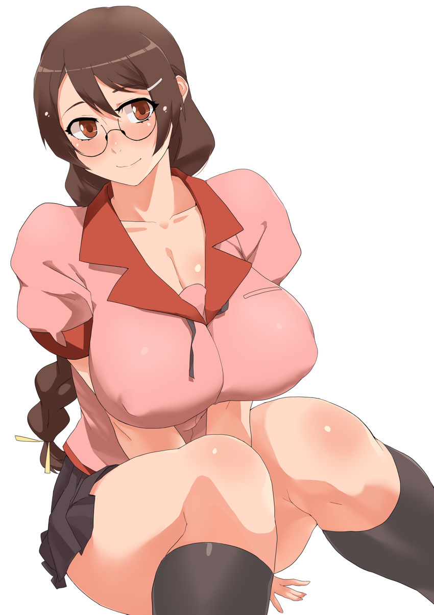 black_hair braid breasts cleavage commentary_request female glasses hanekawa_tsubasa highres large_breasts light_smile long_hair minakami_(flyingman555) monogatari_(series) naoetsu_high_school_uniform school_uniform simple_background solo thighs white_background