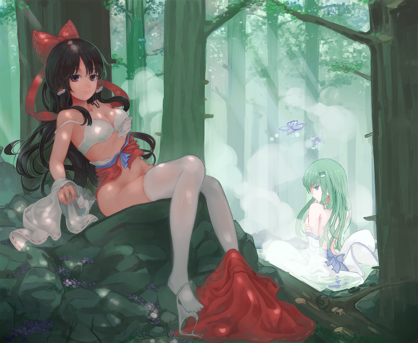 2girls bad_id bad_pixiv_id bare_shoulders black_hair bottomless bow bra clothes_pull dappled_sunlight day forest frog_hair_ornament green_hair hair_ornament hairbow hakurei_reimu highres hoshimawa kochiya_sanae long_hair multiple_girls nature off_shoulder outdoors panties panties_around_one_leg panty_dangle photoshop_(medium) side-tie_panties sitting skirt skirt_pull steam sunlight thighhighs touhou tree underwear undressing white_bra white_panties white_thighhighs