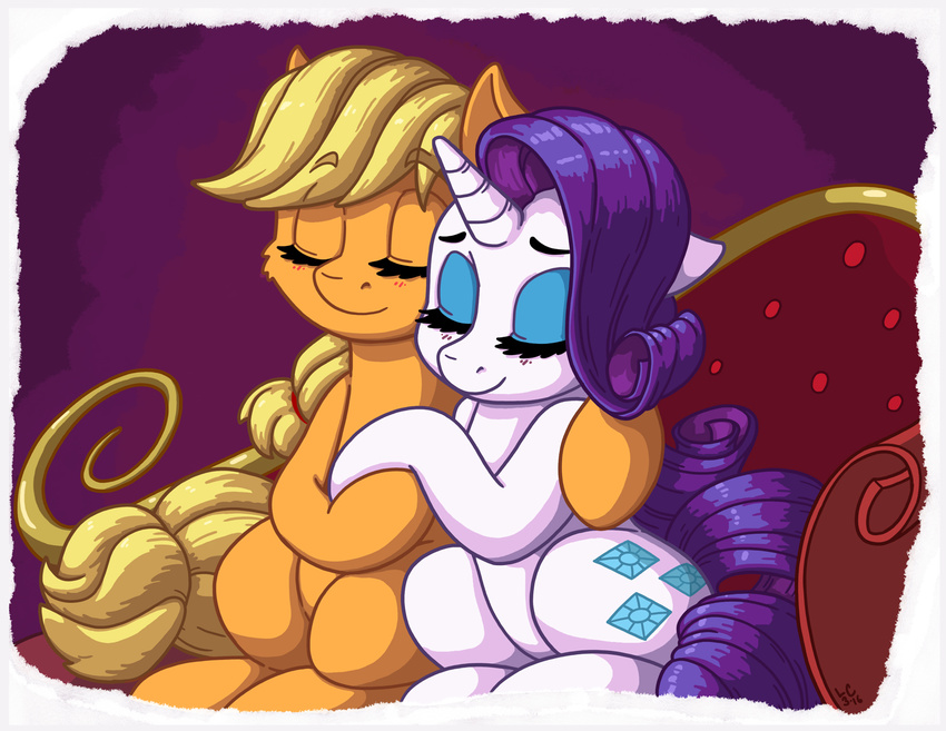 2016 applejack_(mlp) blush border closed_eyes cuddling duo equid equine fainting_couch female feral friendship_is_magic furniture hasbro hi_res horn horse latecustomer mammal my_little_pony mythological_creature mythological_equine mythology pony rarity_(mlp) romantic romantic_couple sitting unicorn white_border