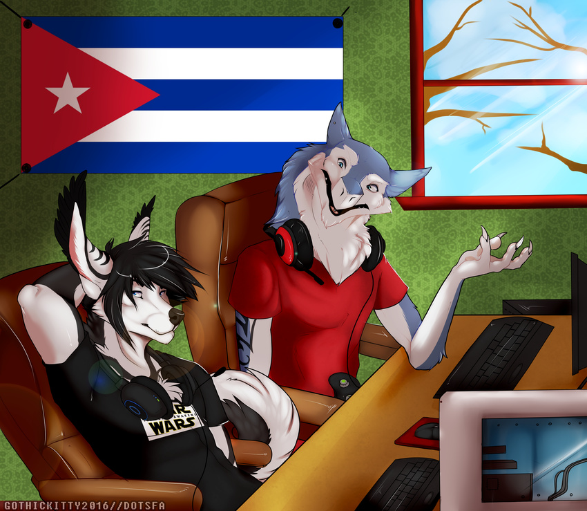 2016 absurd_res anthro ark_dedran blue_eyes canid canine canis chair cloth clothed clothing computer controller cuba cuban_flag derden desk digital_media_(artwork) domestic_dog dotsfa duo ear_piercing electronics flag flag_(object) flag_on_wall fur furniture game_controller gaming hair headgear headphones headset hi_res husky hybrid jex keyboard logo_print male mammal nordic_sled_dog piercing plant print_clothing print_shirt print_t-shirt print_topwear seats sergal shirt shirt_logo sitting spitz star_wars t-shirt table tail tattoo text text_on_clothing text_on_shirt text_on_t-shirt text_on_topwear text_print tongue topwear tree