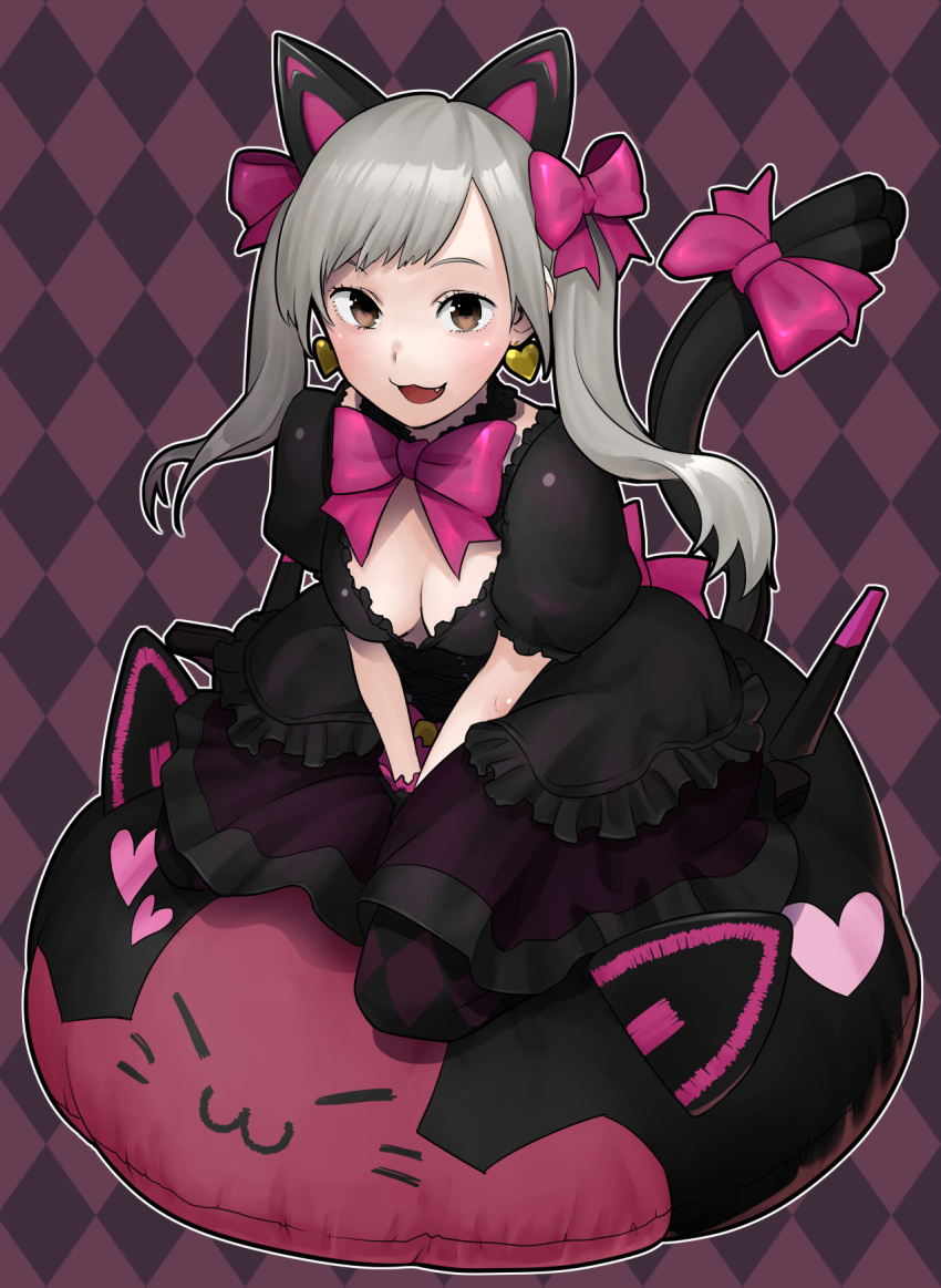 animal_ears argyle_clothes argyle_legwear between_legs black_cat_d.va black_dress black_gloves blonde_hair bow bowtie breasts brown_eyes cat_ears checkered_background cleavage commentary_request d.va_(overwatch) dress earrings female frilled_dress frills full_body gloves hairbow hand_between_legs heart heart_earrings highres jewelry kalua lolita_fashion looking_at_viewer medium_breasts oerba_yun_fang official_alternate_costume open_mouth outline overwatch overwatch_1 pantyhose pillow pink_bow puffy_sleeves purple_background short_sleeves sitting skirt smile solo twintails wariza