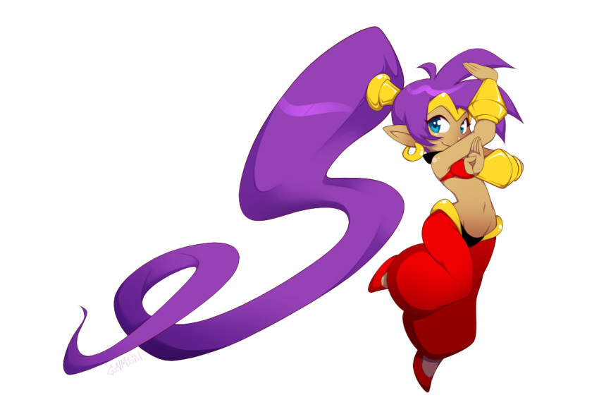 blue_eyes breasts clothing dark_body dark_skin ear_piercing female genie gunmouth hair humanoid humanoid_pointy_ears long_hair medium_breasts not_furry piercing ponytail purple_hair shantae shantae_(series) short_stack simple_background smile solo wayforward