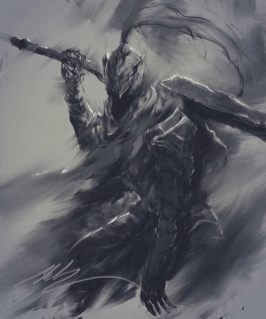 1boy armor artorias_the_abysswalker commentary dark_souls_i english_commentary facing_viewer fighting_stance full_armor gauntlets helmet highres holding holding_sword holding_weapon male_focus pauldrons plume shimhaq shoulder_armor solo souls_(series) standing sword weapon