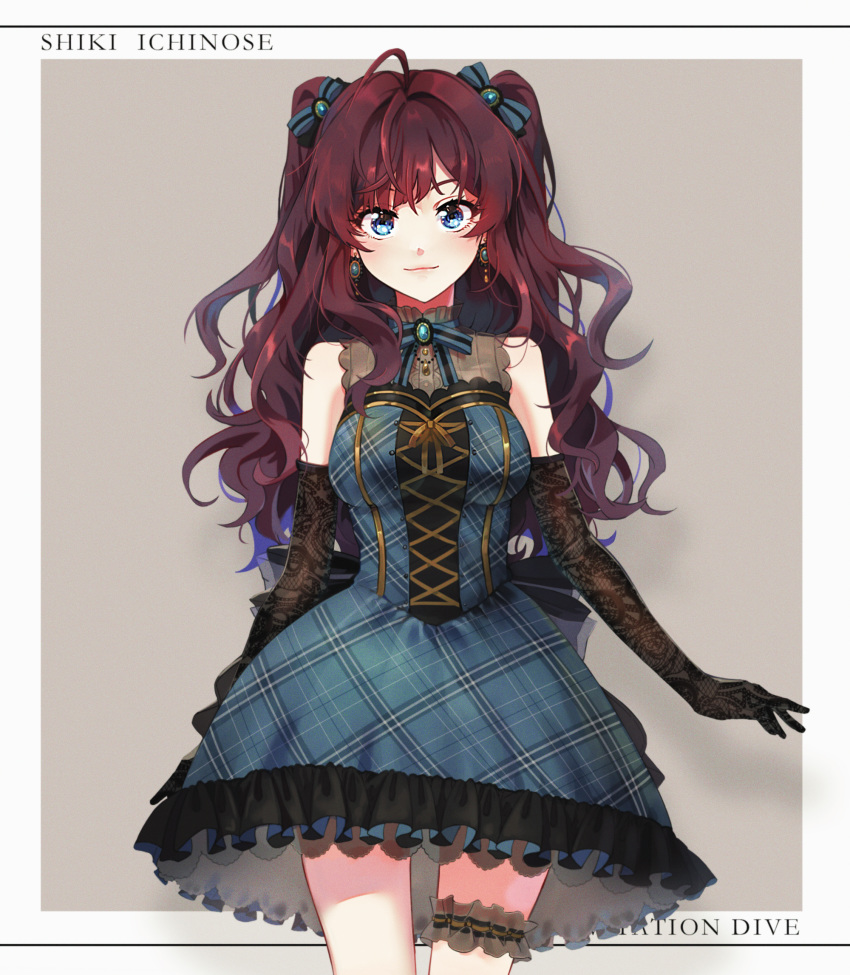 black_gloves blue_eyes blush border bow breasts brown_hair character_name dress earrings elbow_gloves female gloves green_bow green_dress grey_background hairbow highres ichinose_shiki idolmaster idolmaster_cinderella_girls idolmaster_cinderella_girls_starlight_stage jewelry large_breasts leg_garter light_smile long_hair plaid plaid_dress sake_dong short_dress solo two_side_up white_border