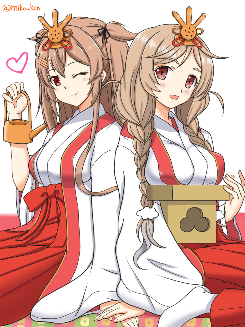 2girls :d ;) alternate_costume black_ribbon braid breasts brown_eyes cloud_hair_ornament commentary_request hair_flaps hair_ornament hair_ribbon hairclip highres hinamatsuri hirabitai japanese_clothes kantai_collection kutsugen_kanna_(mikouken) large_breasts light_brown_hair long_hair looking_at_viewer miko minegumo_(kancolle) multiple_girls murasame_(kancolle) murasame_kai_ni_(kancolle) no_shoes one_eye_closed open_mouth ribbon sanbou sitting smile twin_braids twitter_username two_side_up white_legwear