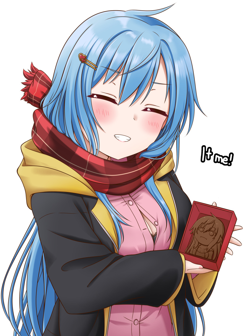 absurdres blue_hair blush breasts chocolate cleavage closed_eyes elie_wayne enpera facing_viewer female grin hair_ornament hairclip highres jan_azure large_breasts long_hair long_sleeves original parted_lips red_scarf scarf smile teeth valentine