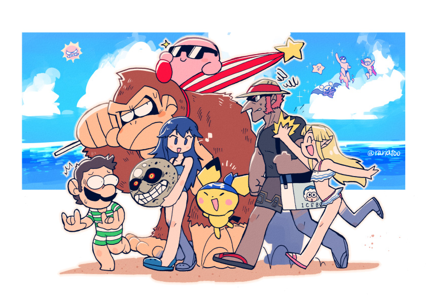 angry_sun animal bandana beach bikini black_hair blonde_hair blue_eyes blue_hair blush breasts brown_hair captain_falcon castlevania:_rondo_of_blood castlevania_(series) choker commentary_request crossover day donkey_kong donkey_kong_(series) earrings f-zero facial_hair fire_emblem fire_emblem_awakening ganondorf gerudo headband highres hug ice_climber jewelry kirby kirby_(series) long_hair lucina_(fire_emblem) luigi mario_(series) meta_knight monado moon moon_(zelda) moustache multiple_boys open_mouth pichu pointy_ears pokemon pokemon_(creature) ponytail popo_(ice_climber) princess_zelda rariatto_(ganguri) red_hair richter_belmont short_hair shorts shulk_(xenoblade) smile sunglasses super_smash_bros. swimsuit the_legend_of_zelda the_legend_of_zelda:_a_link_between_worlds the_legend_of_zelda:_majora's_mask the_legend_of_zelda:_ocarina_of_time umbrella water xenoblade_chronicles_(series) xenoblade_chronicles_1