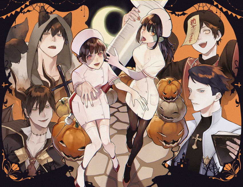 2girls 4boys :d animal_ears animal_hands black_hair black_headwear black_jacket black_legwear black_shirt blue_eyes book cat_ears cat_paws chinese_clothes collarbone collared_shirt crescent_moon cross demon_horns fangs full_body ginoza_nobuchika green_eyes hair_between_eyes halloween halloween_costume hat highres holding holding_book holding_syringe hood hood_up horns jack-o'-lantern jacket jiangshi kei_mikhail_ignatov kougami_shin'ya large_syringe long_hair looking_at_viewer moon multiple_boys multiple_girls necktie nurse nurse_cap ofuda one_eye_covered open_mouth orange_eyes outstretched_arms oversized_object pantyhose psycho-pass qingdai_guanmao red_eyes red_footwear red_necktie scar scar_on_neck shimotsuki_mika shindou_arata shirt short_hair skirt sleeves_past_fingers sleeves_past_wrists smile syringe thighhighs tsunemori_akane tsurime upper_body white_jacket white_legwear white_shirt yellow_eyes yokuni_(yokunill001121) zombie_pose