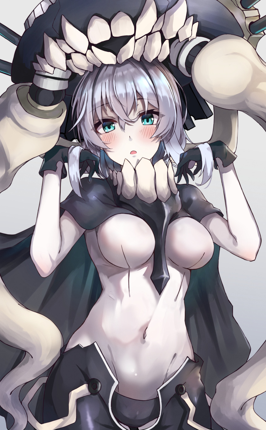 abyssal_ship blue_eyes blush bodysuit breasts capelet covered_navel female grey_background grey_hair hasumushi highres kantai_collection large_breasts looking_at_viewer monster pale_skin parted_lips simple_background solo tentacle wo-class_aircraft_carrier