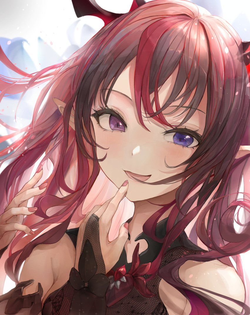 absurdres bare_shoulders blush bridal_gauntlets chan1moon commentary demon_girl demon_horns female gem heterochromia highres hololive hololive_english horns irys_(hololive) irys_(irys_1.0)_(hololive) jewelry long_hair multicolored_hair multiple_horns nail_polish open_mouth pointy_ears red_hair simple_background smile solo upper_body virtual_youtuber