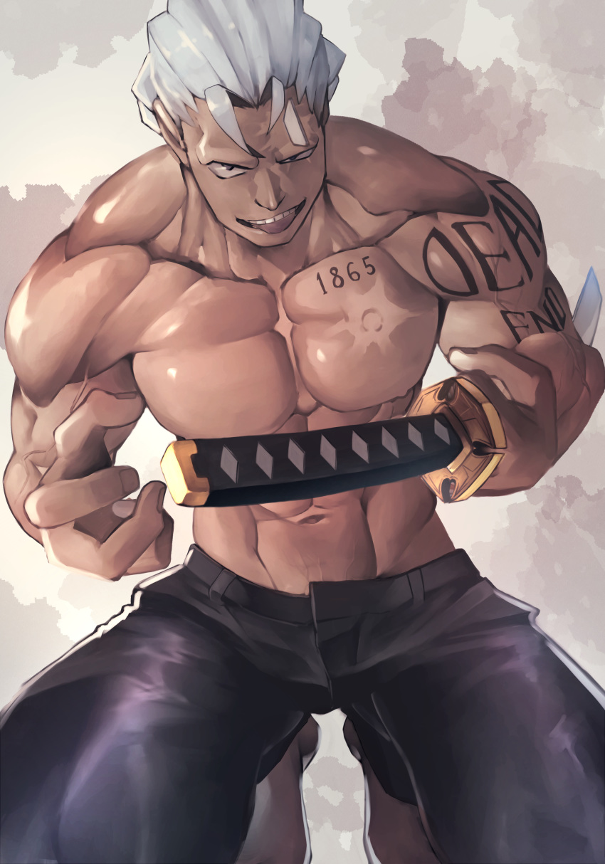 1boy abs absurdres andy_(undead_unluck) antenna_hair arm_tattoo bad_id bad_pixiv_id bara black_eyes black_pants grey_hair highres holding holding_sword holding_weapon katana kneeling male_focus muscular muscular_male navel pants pectorals solo sword tattoo topless_male u_takimura00 undead_unluck weapon